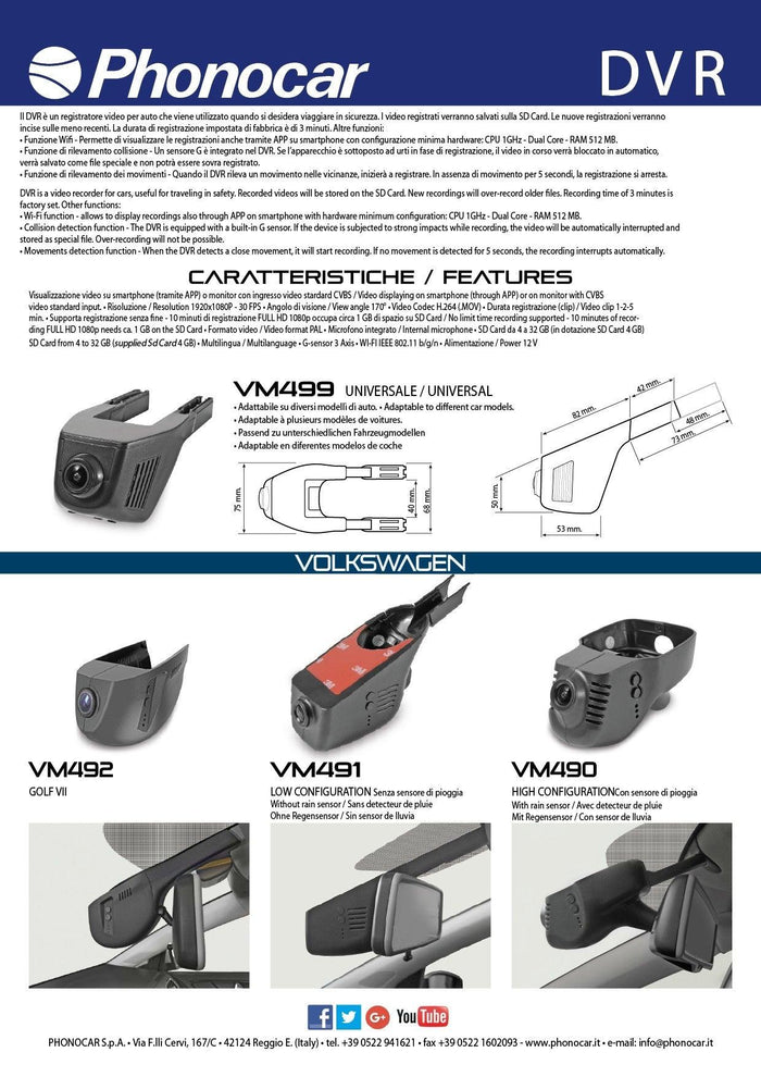 Telecamera con registratore DVR universale WI-FI Phonocar VM499 - TechSoundSystem.com