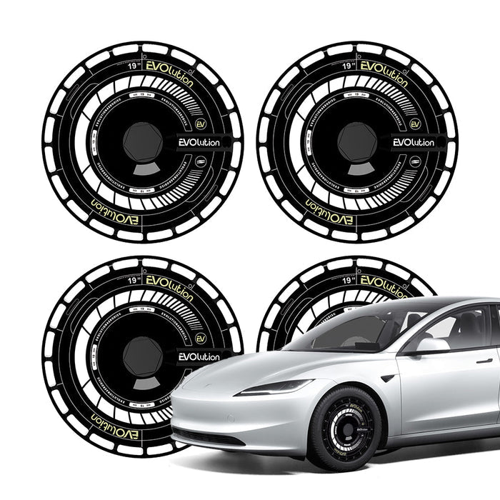 Model Y Juniper (19" Gemini) | 2025+ / Black Hubcap | White "Evolution" Tech-Dial