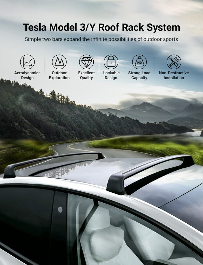 Summarize the headline and all core selling points of the Tesla roof rack