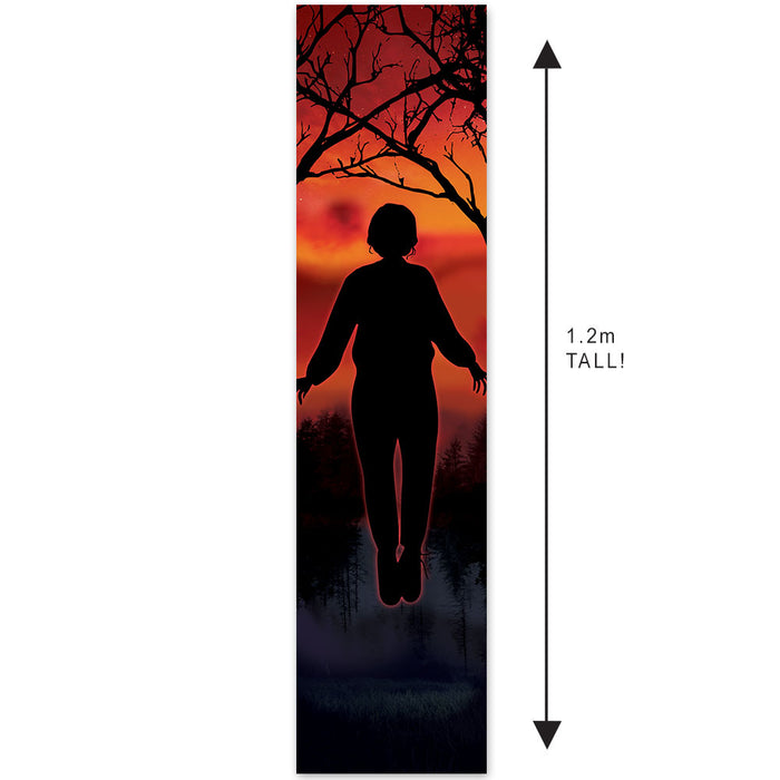Silhouette of a person against a sunset background with measurement text.