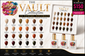 DreLab Nail Co. The Vault Collection 24 Luxury Neutrals gel nail polish swatch display with multiple color options, three sample bottles with gold caps, and a promotional corner showing a pre-order special price.