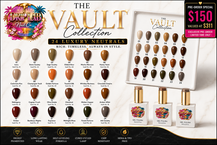 DreLab Nail Co. The Vault Collection 24 Luxury Neutrals gel nail polish swatch display with multiple color options, three sample bottles with gold caps, and a promotional corner showing a pre-order special price.