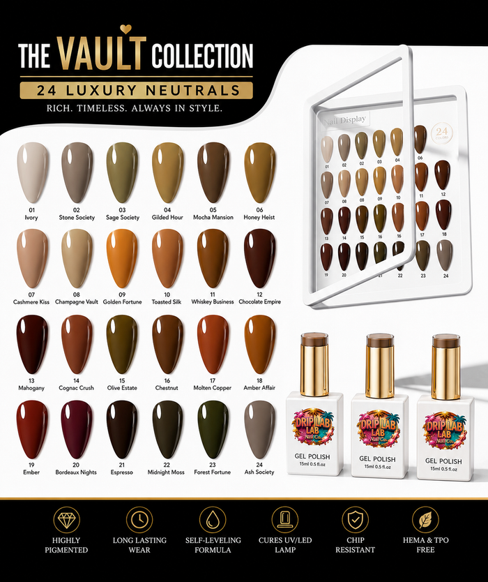 The Vault Collection gel nail polish shade chart and bottles on a black background. The chart shows 24 neutral shade swatches labeled with names like Ivory, Sage Society, Chocolate Empire, and Honey Hazel, alongside three bottles of gel polish in neutral shades with gold caps.