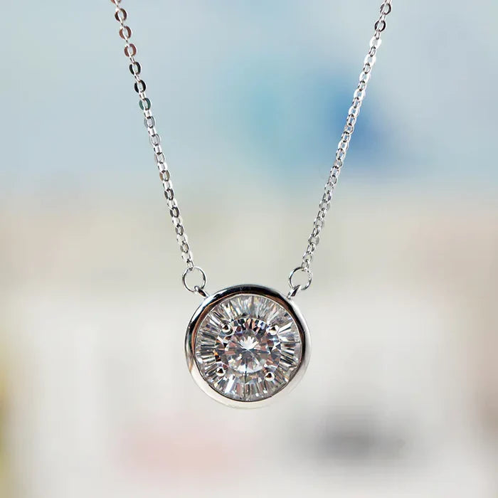 Silver zircon circle choker necklace, adjustable chain, on white background