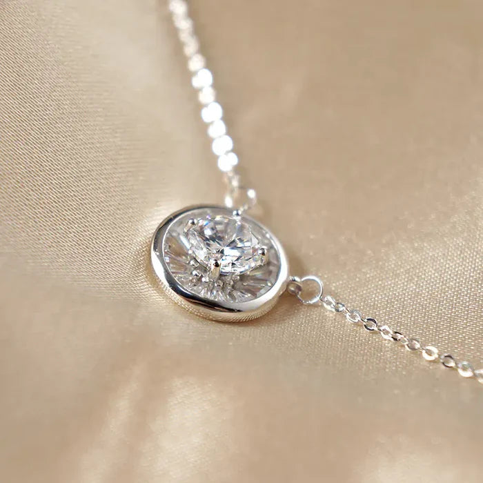 Close-up of zircon pendant detail on silver choker necklace